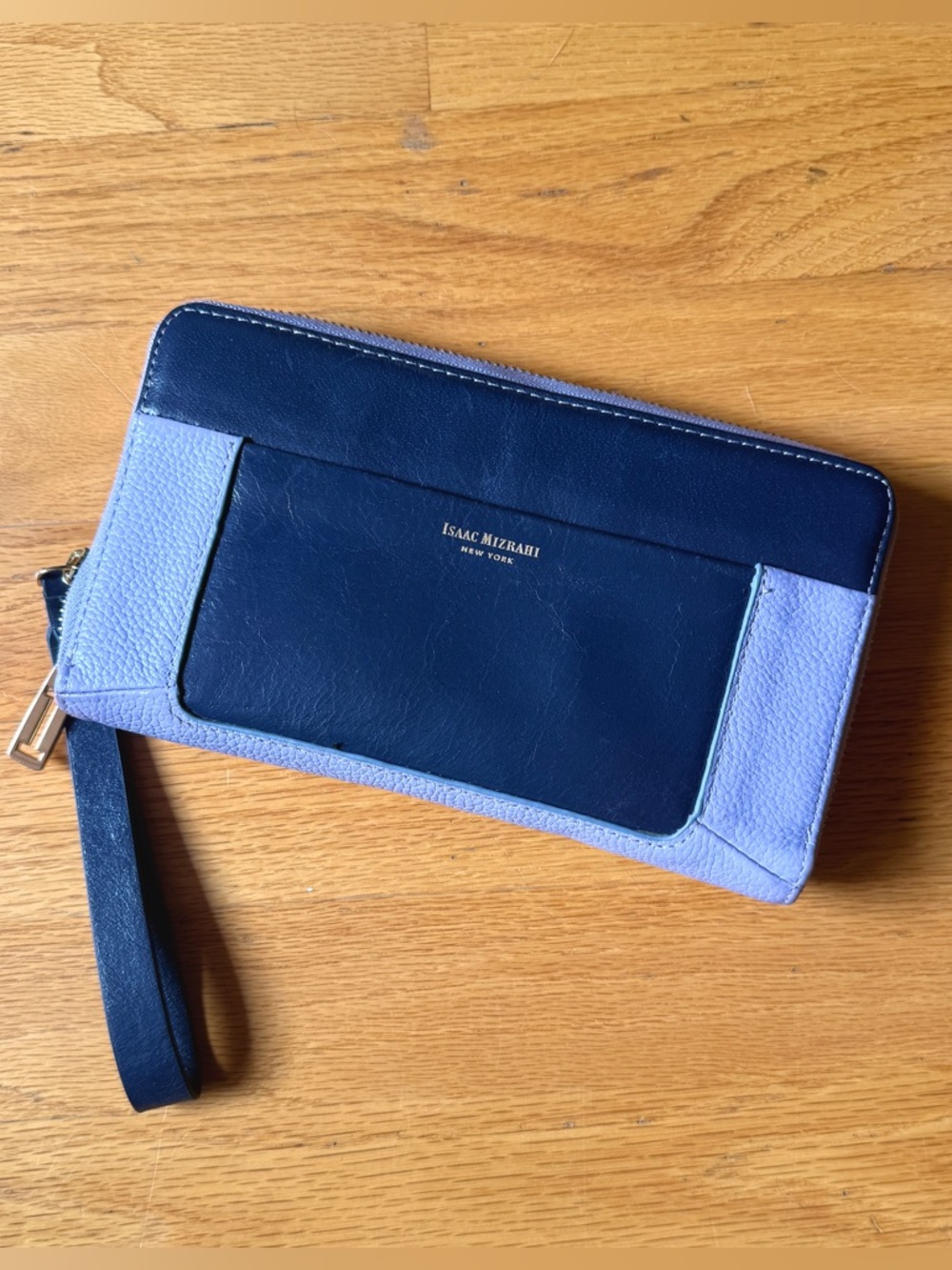 Isaac Mizrahi Leather Wristlet Wallet Navy Lavender Colorblock Zip Around
